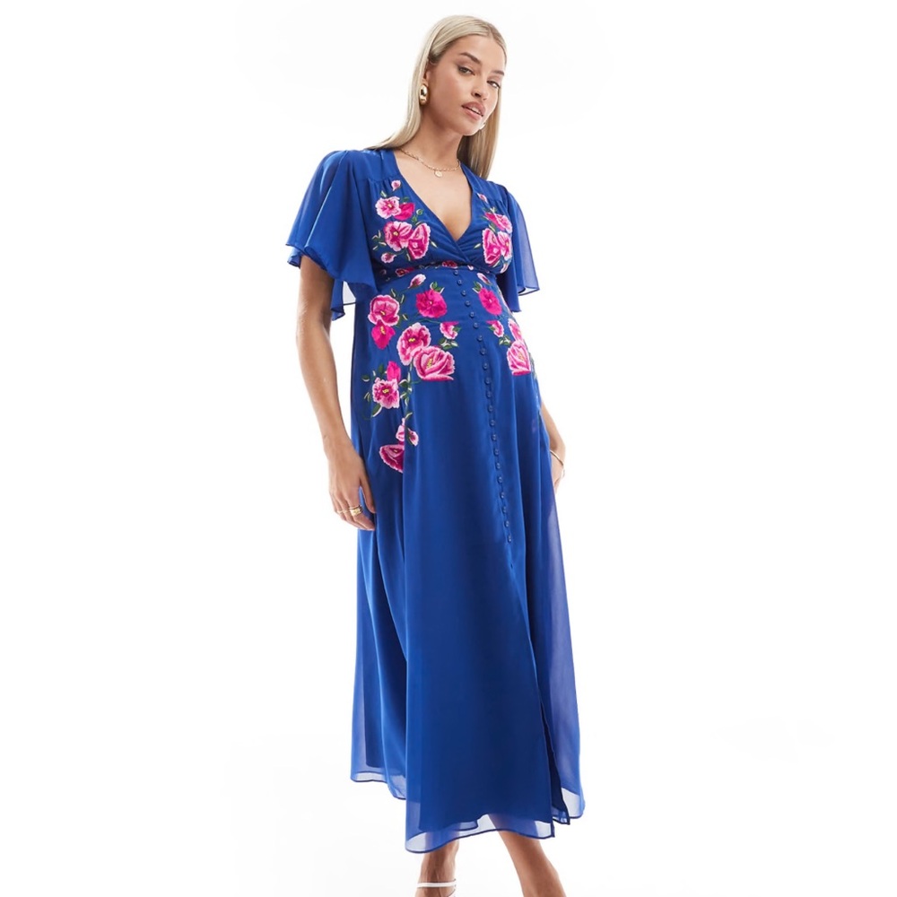 Hope & Ivy Maternity embroidered midi dress with floaty sleeves in blue